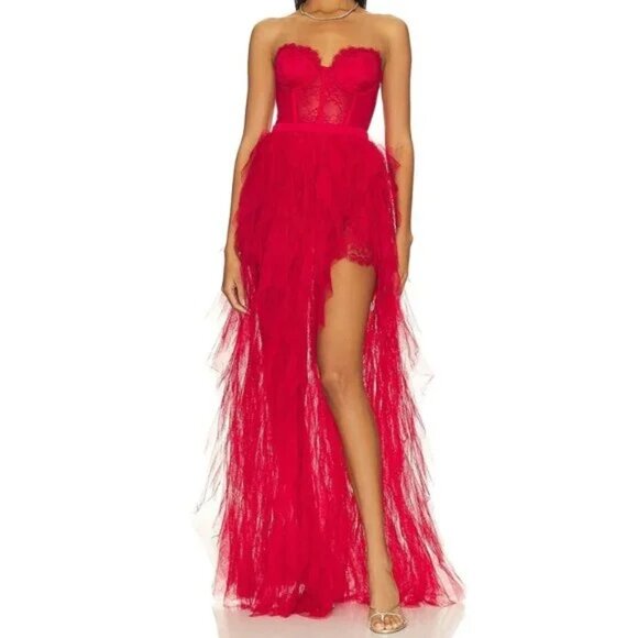 NWT FOR LOVE & LEMONS BUSTIER RED TULLE & LACE STRAPLESS GOWN DRESS SIZE XS - Picture 1 of 11